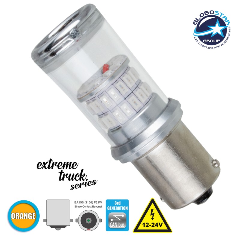 GloboStar® 1156 - BA15S - P21W 81226 Λάμπα Αυτοκινήτου & Φορτηγού  3rd Generation Can-Bus Extreme Truck Series LED 48 SMD 4014 18W 2160lm 360° DC 12-24V IP20 Πορτοκαλί