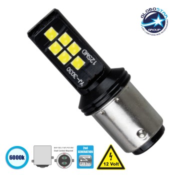 GLOBOSTAR® P21/5W-1157 81248 Λάμπα P21/5W 1157 BAY15D CANbus LED 4W 440lm 360° DC 12V IP20 Ψυχρό Λευκό 6000K - 12 x Epistar SMD3030 Chip - Μ1.8 x Π1.8 x Υ5cm - 1 Χρόνο Εγγύηση