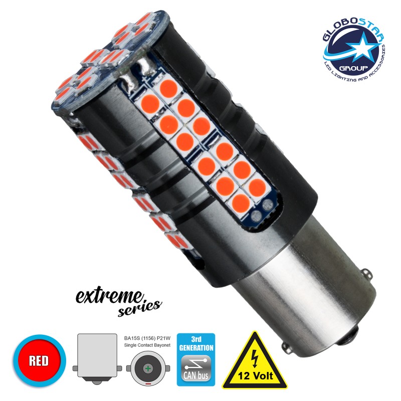 GloboStar® 1156 - BA15S - P21W 81252 Λάμπα Αυτοκίνητου  3rd Generation Can-Bus Extreme Series LED 66 SMD 3030 15W 1800lm 360° DC 12V IP20 Κόκκινο