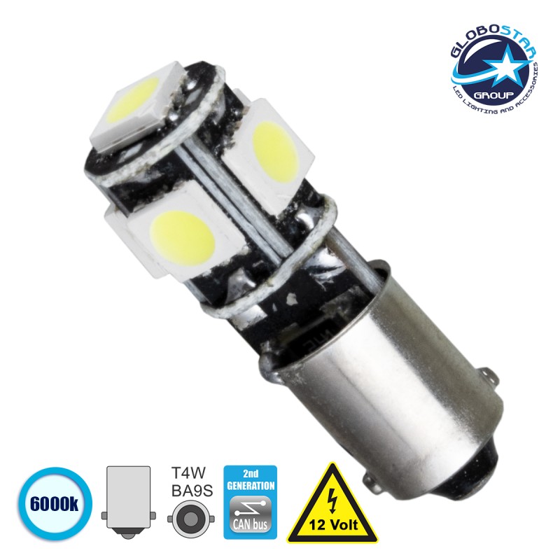 GloboStar® BA9S - T4W 81288  Λάμπα Αυτοκινήτου 2nd Generation Can-Bus Series LED 5 SMD 5050 2W 300lm 360° DC 12V IP20 Ψυχρό Λευκό 6000K
