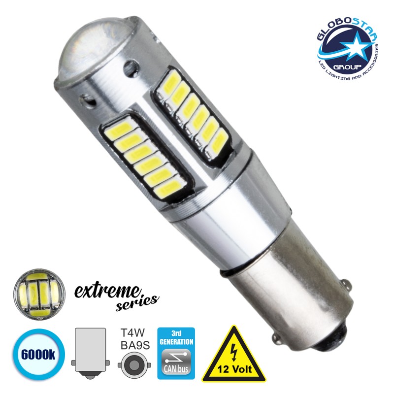 GloboStar® BA9S - T4W 81291  Λάμπα Αυτοκινήτου  3rd Generation Can-Bus Extreme Series LED 30 SMD 4014 6W 900lm 360° DC 12V IP20 Ψυχρό Λευκό 6000K