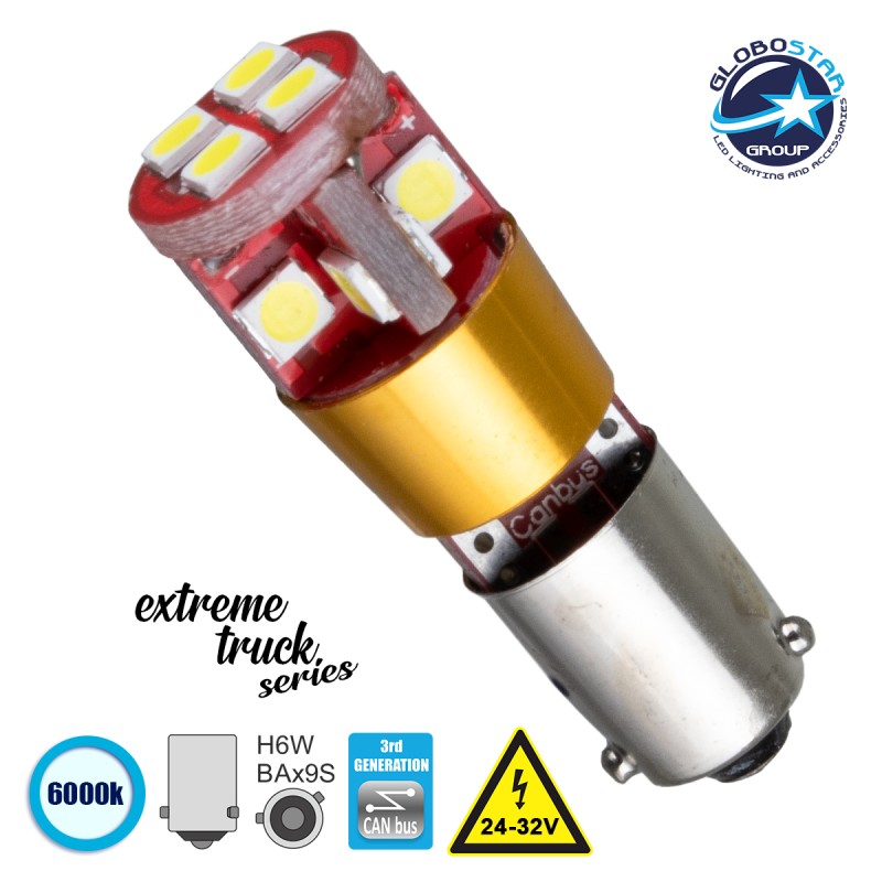 GLOBOSTAR® BAX9S-H6W 81298 Λάμπα BAx9S H6W CANbus LED 6W 900lm 360° DC 24-32V IP20 Ψυχρό Λευκό 6000K - 12 x Epistar SMD3030 Chip - Μ1.2 x Π1.2 x Υ3.6cm - 1 Χρόνο Εγγύηση