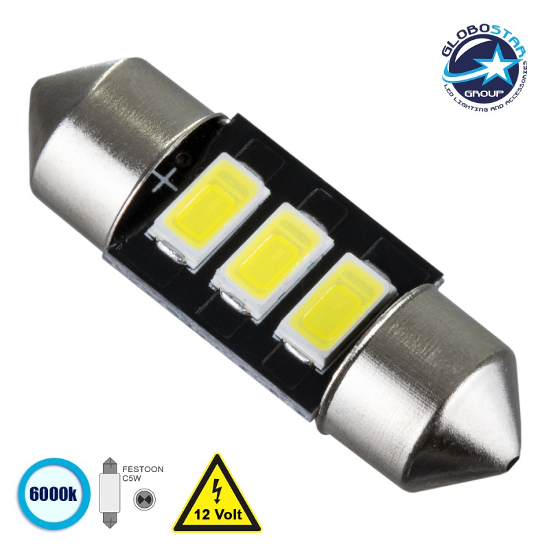GloboStar® C5W 81301 Λάμπα Αυτοκίνητου 31mm FESTOON - LED 3 SMD 5630 0.36W 120lm 120° DC 12V IP20 Ψυχρό Λευκό 6000K