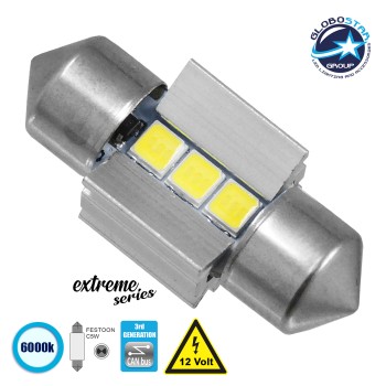 GloboStar® C5W 81336 Λάμπα Αυτοκινήτου 28mm FESTOON  3rd Generation Can-Bus Extreme Series LED 3 SMD 3030 3W 450lm 120° DC 12V IP20 Ψυχρό Λευκό 6000K