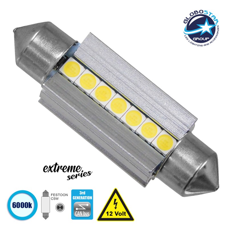 GloboStar® C5W 81339 Λάμπα Αυτοκινήτου 39mm FESTOON  3rd Generation Can-Bus Extreme Series LED 7 SMD 3030 7W 1050lm 120° DC 12V IP20 Ψυχρό Λευκό 6000K