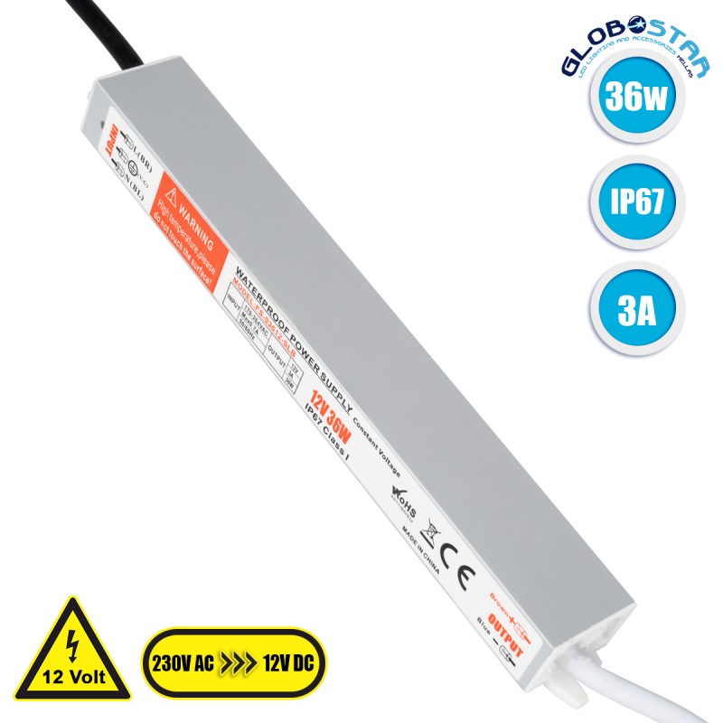 GLOBOSTAR® LUMIWATER 73051 Τροφοδοτικό/Μετασχηματιστής SELV 36W 3A DC 12V Αδιάβροχο IP67 - AC 220-240V σε DC 12V - Μ22.1 x Π3 x Υ2cm - 3 Χρόνια Εγγύηση
