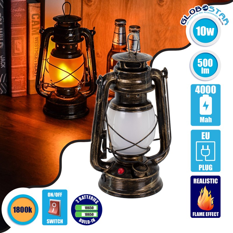 GLOBOSTAR® FIREWATCH 76547 Διακοσμητικό Φωτιστικό Φαναράκι LED 10W 500lm 360° DC 5V με 2 x Επαναφορτιζόμενες Μπαταρίες Li-ion 3.6V 18650 IP20 Ultra Θερμό Λευκό 1800K - Χάλκινο Εφέ Σκουριάς Ματ - Μ15 x Π11.5 x Υ23.5cm - 2 Χρόνια Εγγύηση