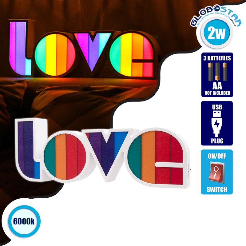 GLOBOSTAR® LOVE BOMBING 76550 Μοντέρνο Επιτραπέζιο Φωτιστικό Πορτατίφ LED 2W 120lm 180° DC 4.5V με Μπαταρίες 3xAAA IP20 Ψυχρό Λευκό 6000K - Πολύχρωμο - Μ36 x Π13.5 x Υ4.8cm - 2 Χρόνια Εγγύηση