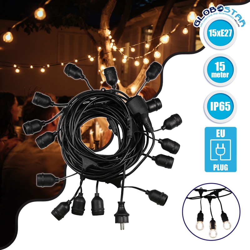 GLOBOSTAR® GARLAND 78984 Καλωδιογιρλάντα 15m με Ντουί 15 x E27 & Πρίζα Schuko AC 220-240V IP65 - Μαύρο - Μ1500 x Π92 x Υ16cm