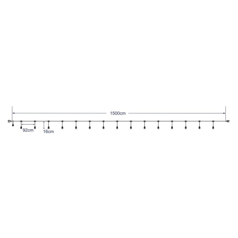 GLOBOSTAR® GARLAND 78984 Καλωδιογιρλάντα 15m με Ντουί 15 x E27 & Πρίζα Schuko AC 220-240V IP65 - Μαύρο - Μ1500 x Π92 x Υ16cm