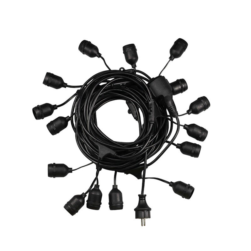 GLOBOSTAR® GARLAND 78985 Καλωδιογιρλάντα 20m με Ντουί 15 x E27 & Πρίζα Schuko AC 220-240V IP65 - Μαύρο - Μ1500 x Π127 x Υ16cm