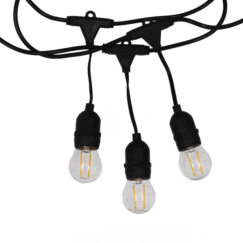 GLOBOSTAR® GARLAND 78985 Καλωδιογιρλάντα 20m με Ντουί 15 x E27 & Πρίζα Schuko AC 220-240V IP65 - Μαύρο - Μ1500 x Π127 x Υ16cm