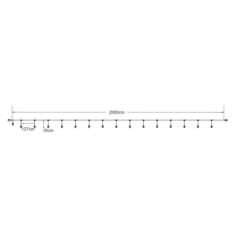 GLOBOSTAR® GARLAND 78985 Καλωδιογιρλάντα 20m με Ντουί 15 x E27 & Πρίζα Schuko AC 220-240V IP65 - Μαύρο - Μ1500 x Π127 x Υ16cm
