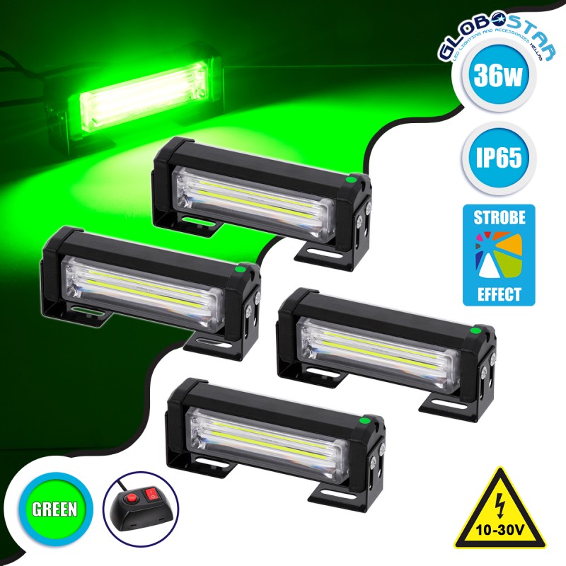 GloboStar® 85031 PRO Series ΣΕΤ 4 x Μπάρες Σήμανσης Οχήματος Πυροσβεστικής για Αυτοκίνητα & Φορτηγά 13 Προγραμμάτων Φωτισμού STROBE LED CREE CXB COB 36W DC 10-30V Αδιάβροχο IP65 Πράσινο