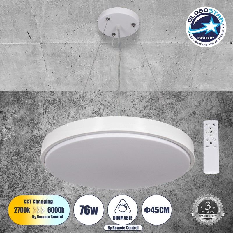 GLOBOSTAR® CASPER 61018 Μοντέρνο Κρεμαστό Φωτιστικό Οροφής LED 76W 8372lm 120° AC 220-240V IP20 Ρυθμιζόμενο Λευκό CCT με Χειριστήριο από 2700K έως 6000K Dimmable - Lumileds SMD Chip - Λευκό Ματ - Μ45 x Π45 x Υ5.5cm - 3 Χρόνια Εγγύηση