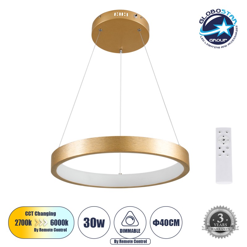 GLOBOSTAR® NEMESIS 61157 Μοντέρνο Κρεμαστό Φωτιστικό Οροφής LED 30W 3513lm 360° AC 220-240V IP20 Ρυθμιζόμενο Λευκό CCT με Χειριστήριο από 2700K έως 6000K Dimmable - Lumileds SMD Chip - Χρυσό Βούρτσας - Μ40 x Π40 x Υ4cm - 3 Χρόνια Εγγύηση