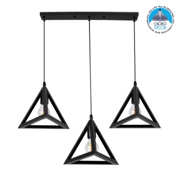 GLOBOSTAR® TRIANGLE 00621 Μοντέρνο Κρεμαστό Φωτιστικό Οροφής με Ντουί 3 x E27 AC 220-240V IP20 - Μαύρο - Μ70 x Π22 x Y130cm