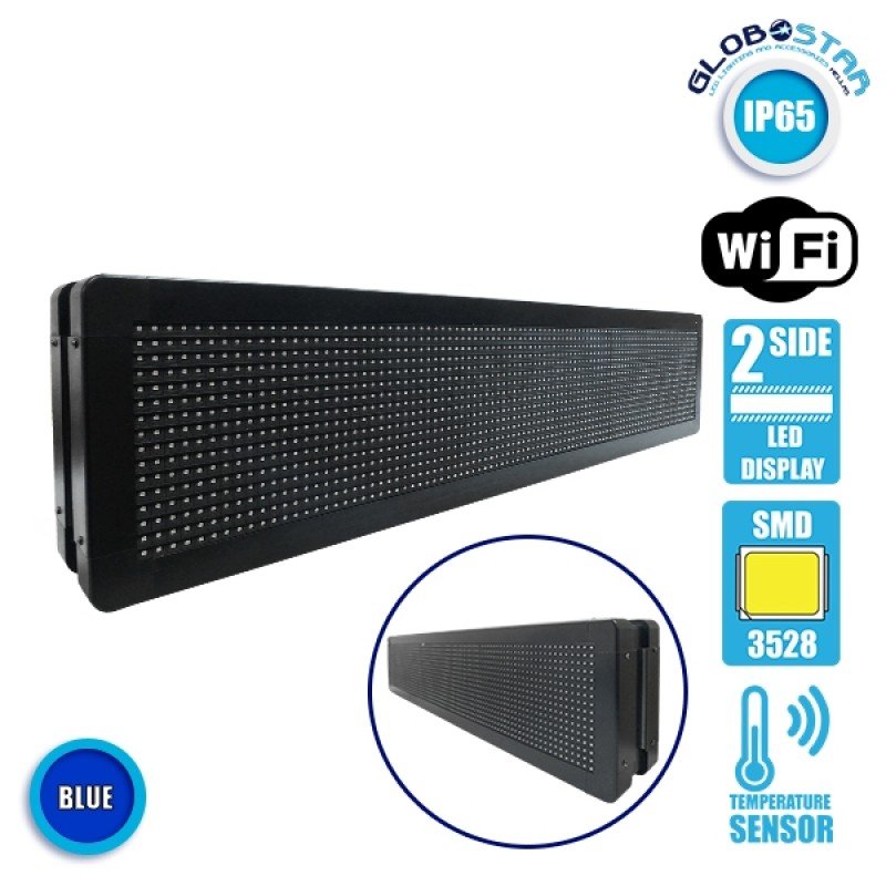 GLOBOSTAR® DISPLAY 90303 Κυλιόμενη Ψηφιακή Επιγραφή P10 Διπλής Όψης LED AC 220-240V Αδιάβροχο IP65 Μπλε - WiFi Control μέσω FK APP - Αισθητήρας Θερμοκρασίας & Υγρασίας - Μ104 x Π12 x Υ20cm - 2 Χρόνια Εγγύηση