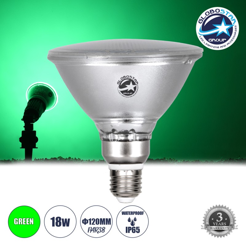 GLOBOSTAR® GARDENPAR 60230 Σποτ E27 PAR38 Σκληρού Υάλου LED 18W 900lm 60° AC 220-240V Αδιάβροχο IP65 Πράσινο - Μ12 x Π12 x Υ13cm - 3 Χρόνια Εγγύηση