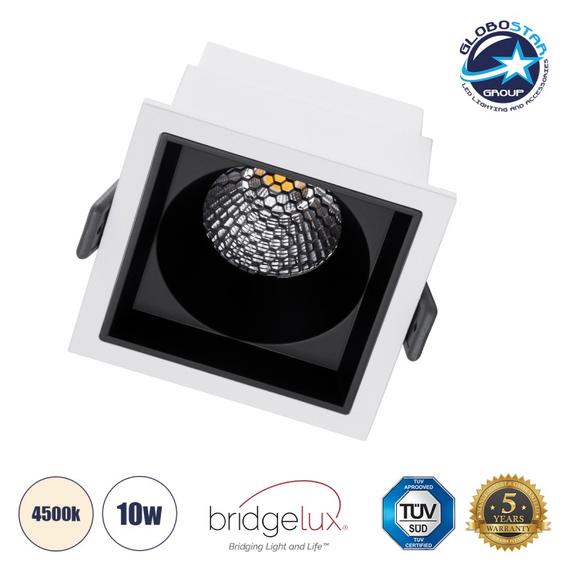 GLOBOSTAR® PLUTO-M 60270 Χωνευτό Downlight Σποτ με Honeycomb Anti Glare Reflector LED 10W 1300lm 38° AC 220-240V IP20 Φυσικό Λευκό 4500K - Bridgelux COB Chip & TÜV SÜD Driver - Λευκό & Μαύρο Ματ - Μ8.4 x Π8.4 x Υ5.9cm / Q7.5 x 7.5cm - 5 Χρόνια Εγγ