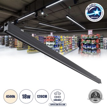 GLOBOSTAR® MARKET 61021 Μοντέρνο Γραμμικό Επεκτεινόμενο Φωτιστικό Οροφής LED 18W 2200lm 60° AC 220-240V IP20 Φυσικό Λευκό 4500K - Lumileds SMD Chip - Μαύρο Ματ - Μ120 x Π2 x Υ4cm - 3 Χρόνια Εγγύηση