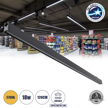 GLOBOSTAR® MARKET 61022-S Μοντέρνο Γραμμικό Επεκτεινόμενο Φωτιστικό Οροφής LED 18W 2170lm 60° AC 220-240V IP20 Θερμό Λευκό 2700K - Lumileds SMD Chip - Μαύρο Ματ - Μ120 x Π2 x Υ4cm - 3 Χρόνια Εγγύηση