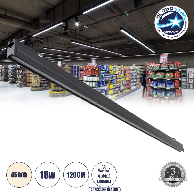 GLOBOSTAR® OFFICE 61024 Μοντέρνο Γραμμικό Επεκτεινόμενο Φωτιστικό Οροφής LED 18W 2200lm 120° AC 220-240V IP20 Φυσικό Λευκό 4500K - Lumileds SMD Chip - Μαύρο Ματ - Μ120 x Π2 x Υ4cm - 3 Χρόνια Εγγύηση