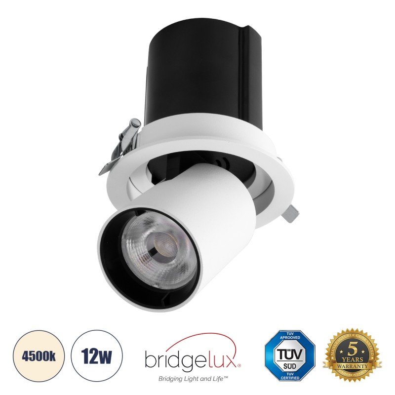 GLOBOSTAR® VIRGO-M 60306 Χωνευτό Κινούμενο Downlight Σποτ LED 12W 1560lm 36° AC 220-240V IP20 Φυσικό Λευκό 4500K - Bridgelux COB Chip & TÜV SÜD Driver - Λευκό & Μαύρο Ματ - Μ11 x Π11 x Υ11.5cm / Q9.5cm - 5 Χρόνια Εγγύηση