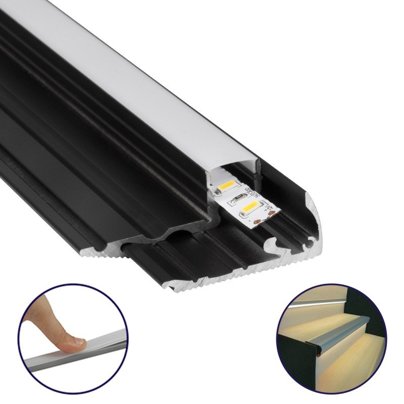 GLOBOSTAR® ALP-STEP-GRIP STAIR 70841-3M Επιφανειακό Προφίλ Αλουμινίου Ειδικό για Φωτισμό Σκαλοπατιού με Λευκό Γαλακτερό Πατητό Κάλυμμα για Ταινίες LED IP20 - Μαύρο & Λευκό - Μ300 x Π6 x Υ2.1cm