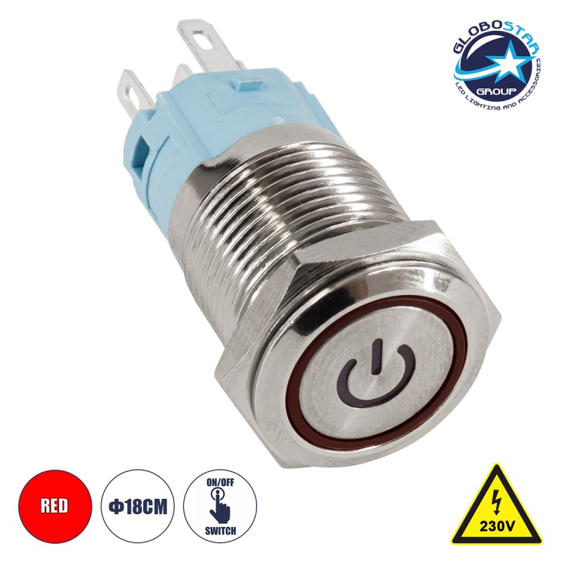 GLOBOSTAR® BUTTON 70771 Φωτιζόμενος Χωνευτός Διακόπτης On/Off LED AC 220-240V 1 x 3A 690W Max Αδιάβροχο IP65 Κόκκινο - Μ1.8 x Π1.8 x Υ2cm