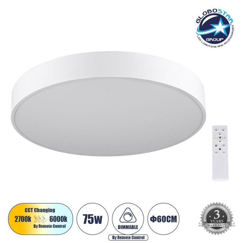 GLOBOSTAR® BURTON 61203-S Μοντέρνο Φωτιστικό Οροφής LED 75W 7500lm 120° AC 220-240V IP20 Ρυθμιζόμενο Λευκό CCT με Χειριστήριο από 2700K έως 6000K Dimmable - Lumileds SMD Chip - Λευκό Ματ - Μ60 x Π60 x Υ8cm - 3 Χρόνια Εγγύηση