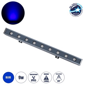 GLOBOSTAR® WASHERMARGO 90175 Μπάρα Φωτισμού Wall Washer LED 9W 765lm 30° DC 24V Αδιάβροχο IP65 Μπλε Dimmable - Bridgelux SMD Chip - Γκρι Ανθρακί - Μ50 x Π4 x Υ5cm - 3 Χρόνια Εγγύηση