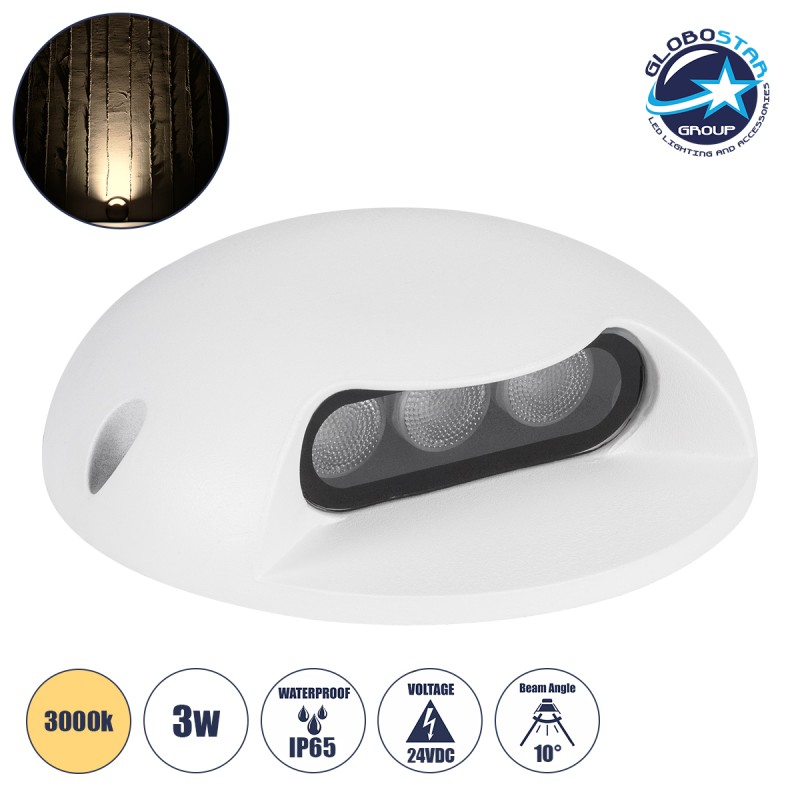 GLOBOSTAR® STEPLUNA 90619 Φωτιστικό Σκαλοπατιού / Διαδρόμου LED 3W 330lm 10° DC 24V Αδιάβροχο IP65 Θερμό Λευκό 2700K Dimmable - Bridgelux SMD Chip - Λευκό Ματ - Μ12 x Π12 x Υ3cm - 3 Χρόνια Εγγύηση