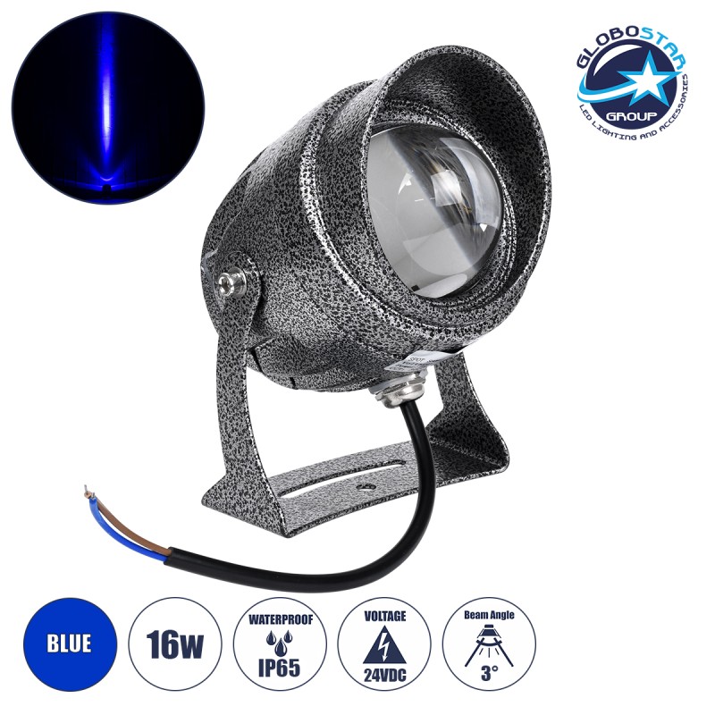 GLOBOSTAR® SPOTXENIA 90634 Σποτ Φωτισμου με Αντιθαμβωτική Γρίλια LED 16W 1360lm 3° DC 24V Αδιάβροχο IP65 Μπλε Dimmable - Bridgelux COB Chip - Σφυρήλατο Γκρι Ανθρακί - Μ9 x Π9 x Υ12cm - 3 Χρόνια Εγγύηση