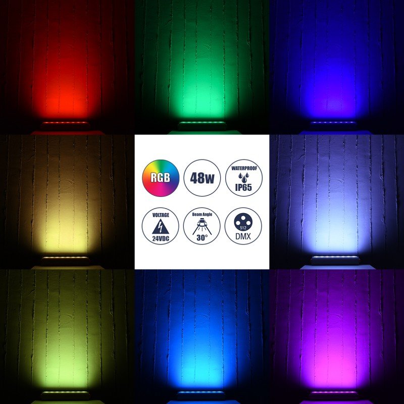 GLOBOSTAR® FLOODHENA 90643 Προβολέας Σποτ Wall Washer LED 48W 3840lm 30° DC 24V Αδιάβροχο IP65 Πολύχρωμο RGB Dimmable DMX512 - Bridgelux SMD Chip - Γκρι Ανθρακί - Μ39 x Π6 x Υ17cm - 3 Χρόνια Εγγύηση