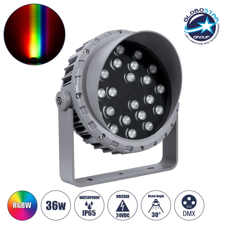 GLOBOSTAR® FLOODMENA 90648 Προβολέας Σποτ Wall Washer με Αντιθαμβωτική Γρίλια LED 36W 2880lm 30° DC 24V Αδιάβροχο IP65 Πολύχρωμο RGBW Dimmable DMX512 - Bridgelux SMD Chip - Γκρι Ανθρακί - Μ23 x Π23 x Υ18cm - 3 Χρόνια Εγγύηση