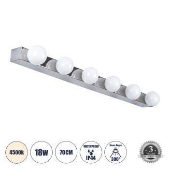 GLOBOSTAR® BELLA 60453 Μοντέρνο Φωτιστικό Τοίχου - Απλίκα Καθρέπτη Μπάνιου LED 18W 2052lm 300° AC 220-240V IP44 Φυσικό Λευκό 4500K - Bridgelux COB Chip & TÜV SÜD Driver - Ασημί & Λευκό - Μ70 x Π11 x Υ6cm - 3 Χρόνια Εγγύηση