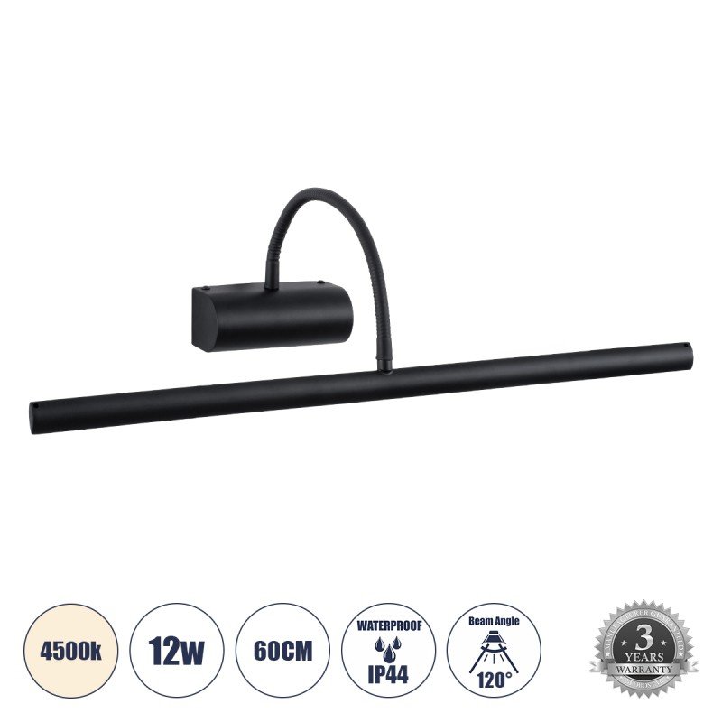 GLOBOSTAR® TROIS 60436 Μοντέρνο Φωτιστικό Τοίχου - Απλίκα Καθρέπτη Μπάνιου LED 12W 1400lm 120° AC 220-240V Αδιάβροχο IP44 Φυσικό Λευκό 4500K - Lumileds SMD Chip & TÜV SÜD Driver - Μαύρο Ματ - Μ60 x Π24 x Υ18cm - 3 Χρόνια Εγγύηση