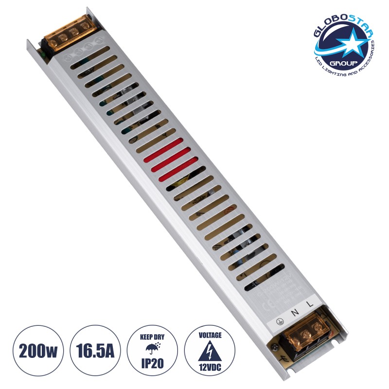 GloboStar® 73028 Μεταλλικό Τροφοδοτικό PELV Ultra Slim για Προϊόντα LED 200W 16.5A - AC 220-240V σε DC 12V - IP20 L31 x W5.4 x H2.3cm - 3 Χρόνια Εγγύηση