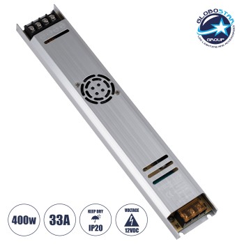 GloboStar® 73030 Μεταλλικό Τροφοδοτικό PELV Ultra Slim για Προϊόντα LED 400W 33A - AC 220-240V σε DC 12V - IP20 L31 x W5.4 x H2.3cm - 3 Χρόνια Εγγύηση