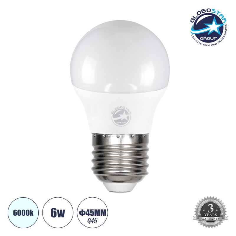 GLOBOSTAR® SPHERE 60021 Λάμπα E27 G45 LED 6W 600lm 260° AC 220-240V IP20 Ψυχρό Λευκό 6000K - Lumileds SMD Chip - Λευκό Γαλακτερό - Μ4.5 x Π4.5 x Υ7.8cm - 3 Χρόνια Εγγύηση