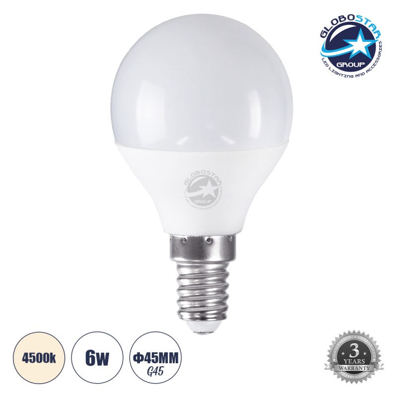 GLOBOSTAR® SPHERE 60016 Λάμπα E14 G45 LED 6W 582lm 260° AC 220-240V IP20 Φυσικό Λευκό 4500K - Lumileds SMD Chip - Λευκό Γαλακτερό - Μ4.5 x Π4.5 x Υ7.8cm - 3 Χρόνια Εγγύηση