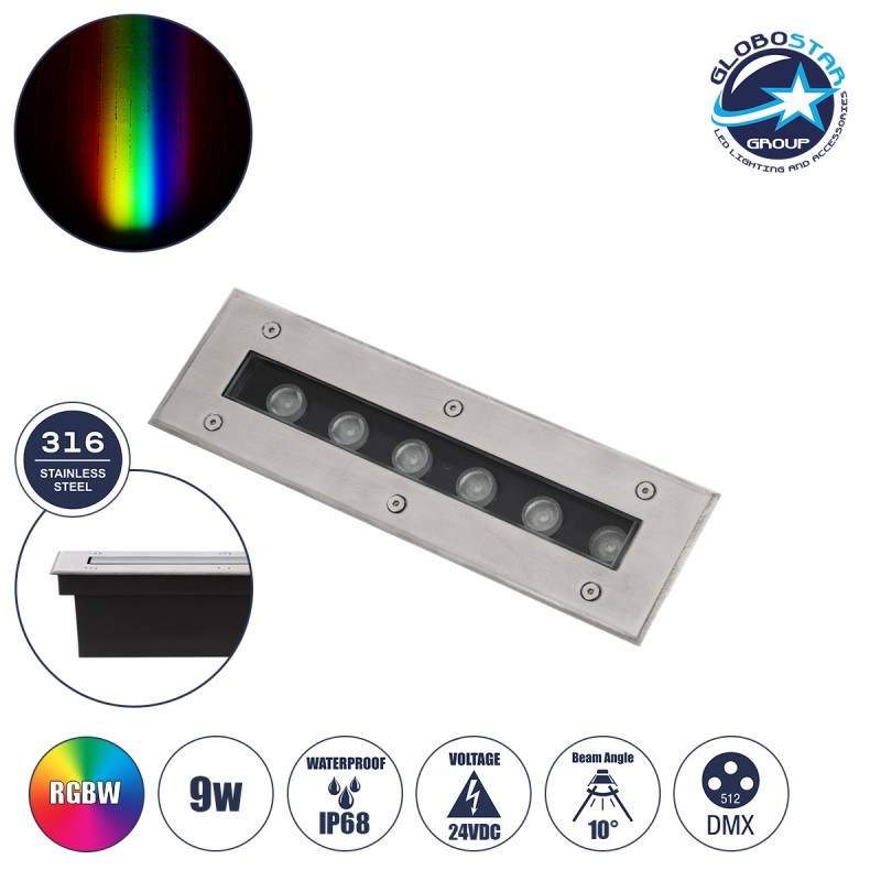 GLOBOSTAR® UNDERGROUNDREMVI 90191 Χωνευτή Μπάρα Φωτισμού Wall Washer LED 9W 765lm 10° DC 24V Αδιάβροχο IP68 Πολύχρωμο RGBW Dimmable DMX512 - Bridgelux SMD Chip - Ανοξείδωτο Ατσάλι SS316 - Μ30 x Π9 x Υ8.5cm / Q28.5 x 7.5cm - 3 Χρόνια Εγγύηση