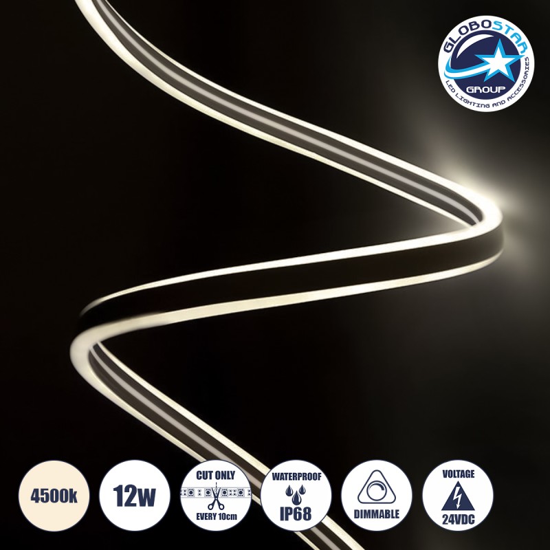 GLOBOSTAR® DOUBLESIDED 70481 Ταινία Neon Flex LED 12W/m 960lm/m 240°DC 24V Αδιάβροχο IP65 120 x SMD2835 Chip/m Φυσικό Λευκό 4500K Dimmable - Sanan SMD Chip - Μ100 x Π0.8 x Υ1.6cm - 3 Χρόνια Εγγύηση