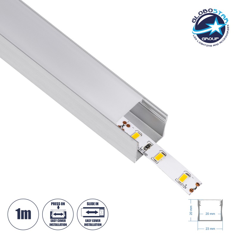 GLOBOSTAR® ALP-LINEAR LIGHTLINE 70867-1M Επιφανειακό Προφίλ Αλουμινίου με Λευκό Γαλακτερό Πατητό Κάλυμμα για Ταινίες LED IP20 - Ασημί & Λευκό - Μ100 x Π2.3 x Υ2cm