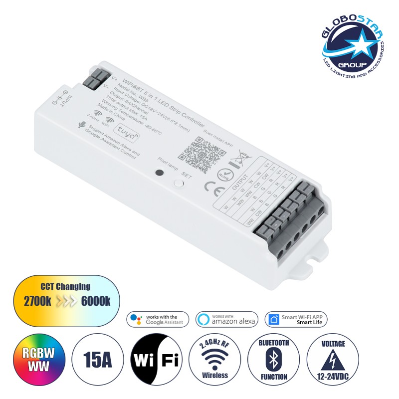 GLOBOSTAR® TUYA-WB5 73008 DC WiFi & Bluetooth Master Dimmer / Controller Υψηλής Ταχύτητας με 5 x 6A 72W Κανάλια DC 12-24V 15A 360W Max IP20 - WiFi & Bluetooth - Μ12.2 x Π3.8 x Υ2.2cm - 5 Χρόνια Εγγύηση