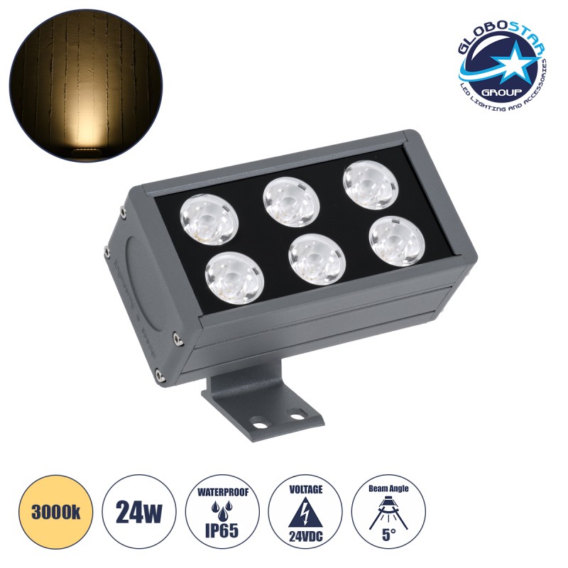 GLOBOSTAR® FLOODDANY 90375 Προβολέας Σποτ Wall Washer LED 24W 2640lm 5° DC 24V Αδιάβροχο IP65 Θερμό Λευκό 2700K Dimmable - CREE XPE Chip - Γκρι Ανθρακί - Μ16 x Π9.5 x Υ7.5cm - 3 Χρόνια Εγγύηση