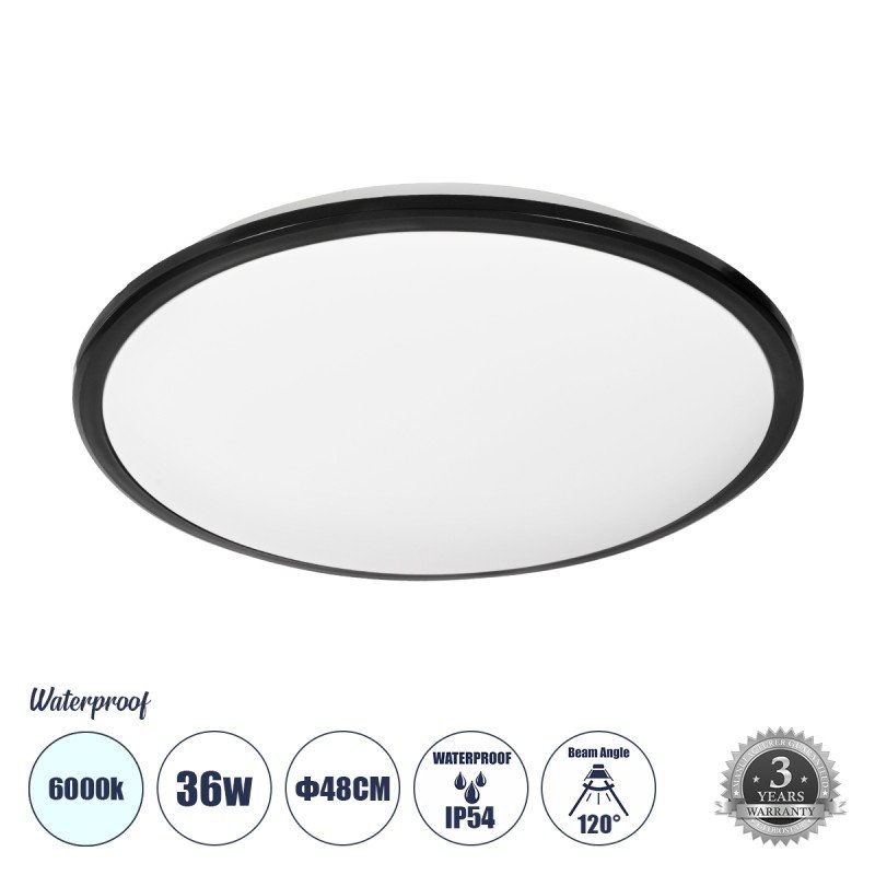 GLOBOSTAR® TUFFIN 60998 Φωτιστικό Πλαφονιέρα Οροφής LED 36W 3600lm 120° AC 220-240V Αδιάβροχο IP54 Ψυχρό Λευκό 6000K - Lumileds SMD Chip - Μαύρο Ματ & Λευκό Γαλακτερό - Μ48 x Π48 x Υ6.5cm - 3 Χρόνια Εγγύηση