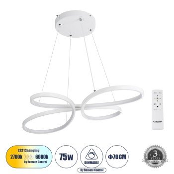 GLOBOSTAR® BUTTERFLY 61392 Μοντέρνο Κρεμαστό Φωτιστικό Οροφής LED 75W 7500lm 300° AC 220-240V IP20 Ρυθμιζόμενο Λευκό CCT με Χειριστήριο από 2700K έως 6000K Dimmable - Lumileds SMD Chip - Λευκό Ματ - Μ70 x Π55 x Υ4cm - 3 Χρόνια Εγγύηση