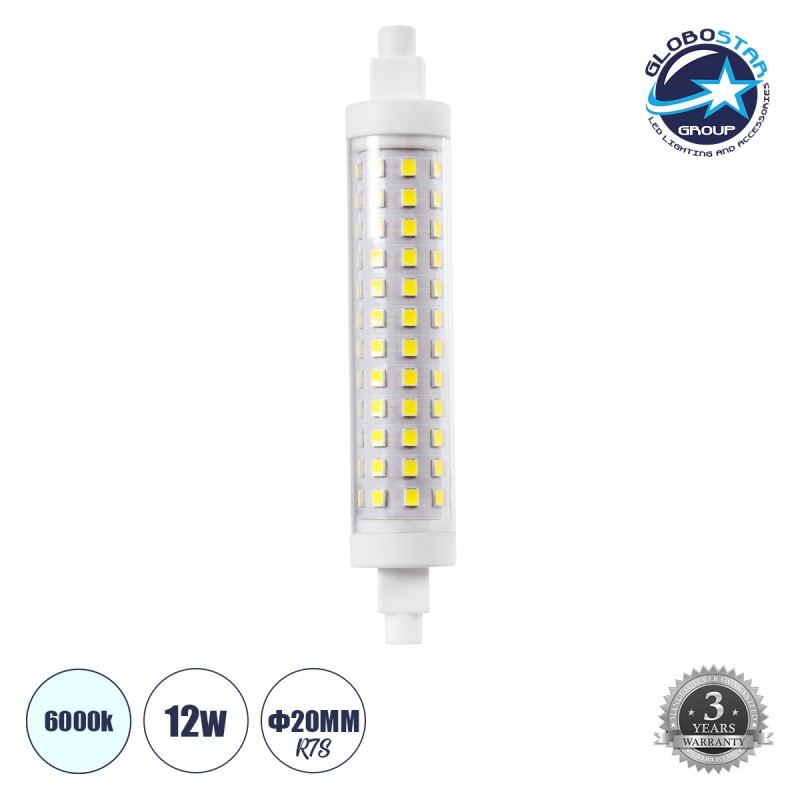 GLOBOSTAR® TUBINI 60396 Λάμπα R7S 118mm LED 12W 1452lm 360° AC 220-240V IP20 Ψυχρό Λευκό 6000K - Lumileds SMD Chip - Μ11.8 x Π2.2 x Υ2.2cm - 3 Χρόνια Εγγύηση